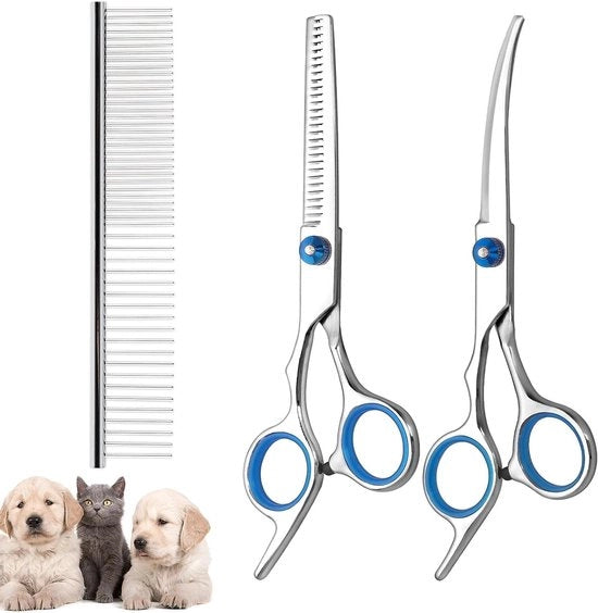 Set di forbici per cani e gatti comprensivo di forbici spesse, forbici a curva e pettine da gommata