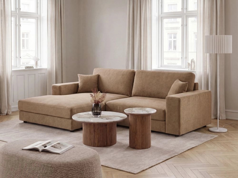 Divano angolare lato destro in Tessuto imbottito marrone con Cuscini 3 posti stile moderno minimalista