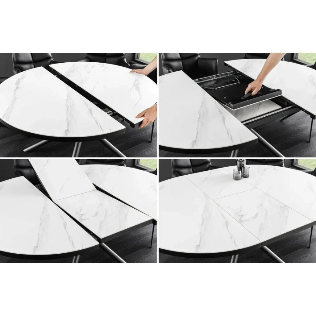 Tavolo da pranzo rotondo allungabile OPHIRA 120-160 cm – Ceramica effetto marmo bianco e metallo nero