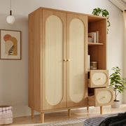Armadio in legno massello, ante con decorazioni in vimini, 2 cassetti, ripiani aperti, color rovere