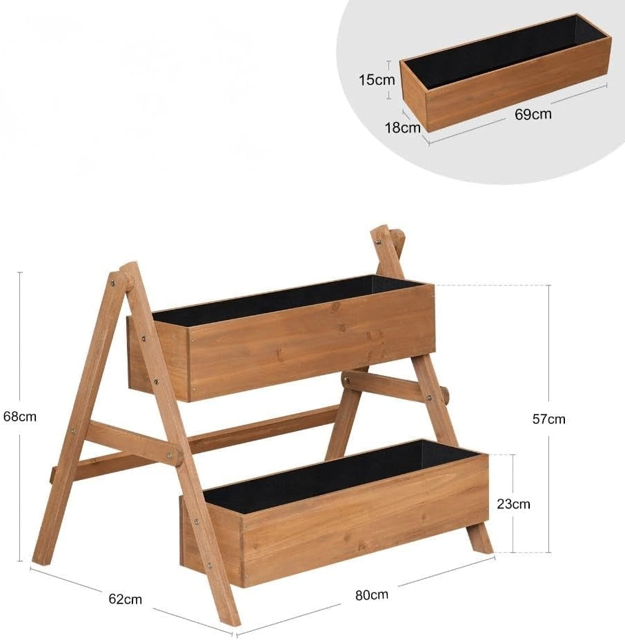 Fioriera Rialzata con Scaffale a Gradini 2 Livelli, Vasi Integrati per Piante, Ideale per Interni/Esterni su Terrazzo, Balcone e Giardino, Legno 80x62x68 cm, Marrone