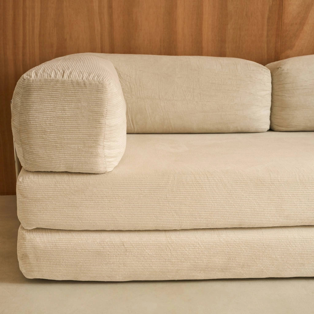 Divano letto futon in velluto a coste e struttura cromata, 3 posti,