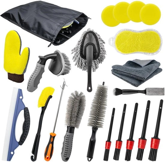 Set di pulizia per auto, 21 pezzi, kit di pulizia auto, set di pulizia auto interno ed esterno con spazzola per gomme e guanto da pulire.