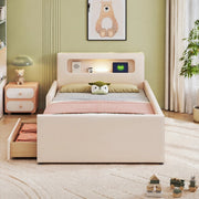 Letto imbottito per bambini 90x200 cm con LED; USB e cassetti; beige