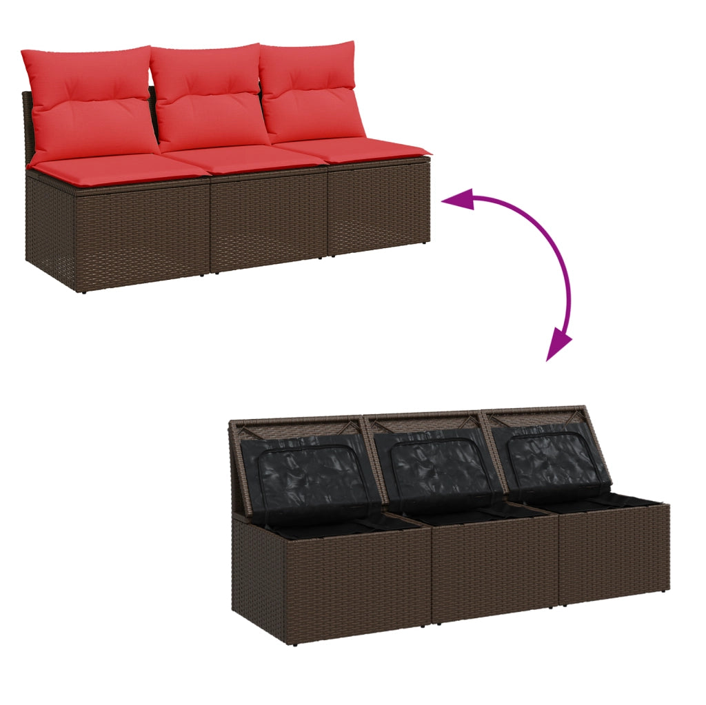Divano da giardino con cuscini a 3 posti marrone in polyrattan