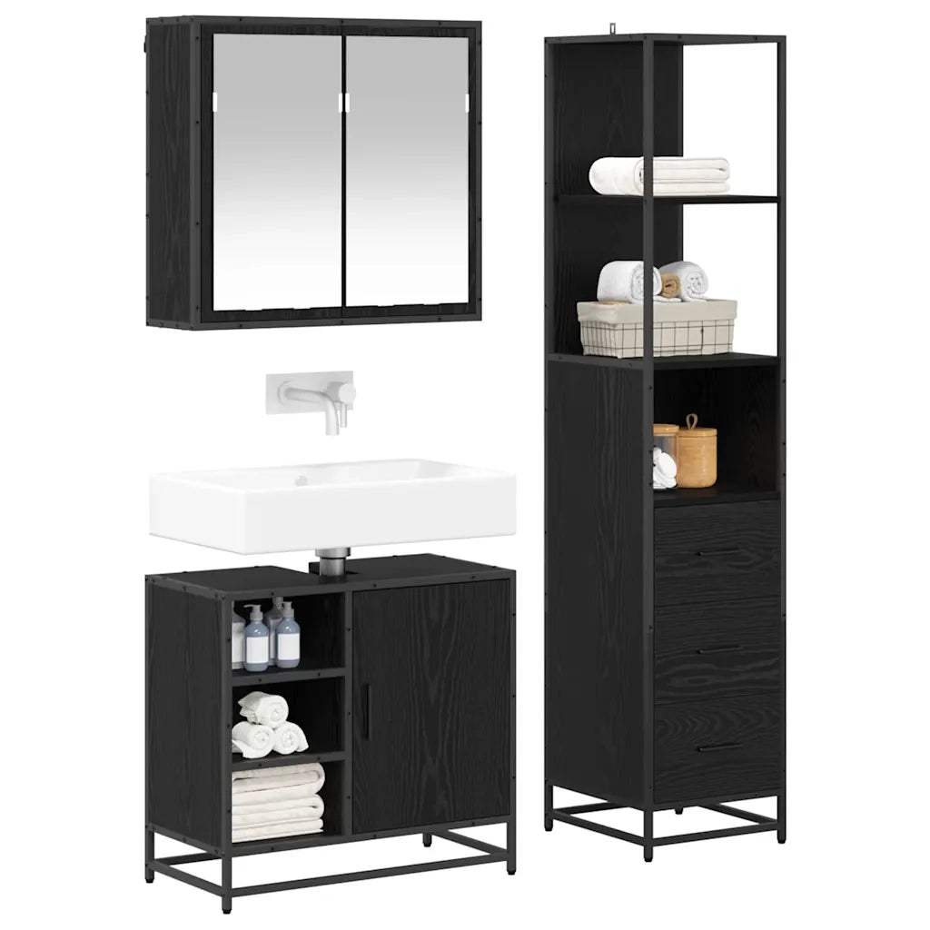 Set di mobili per il bagno 3 pcs Rovere Nero Legno multistrato