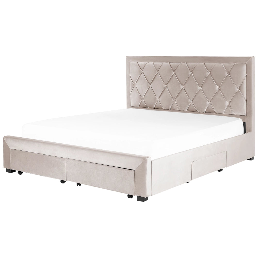 Letto contenitore tappezzeria in velluto beige 180 x 200 cm trapuntato testiera alta cassetti Glam Design