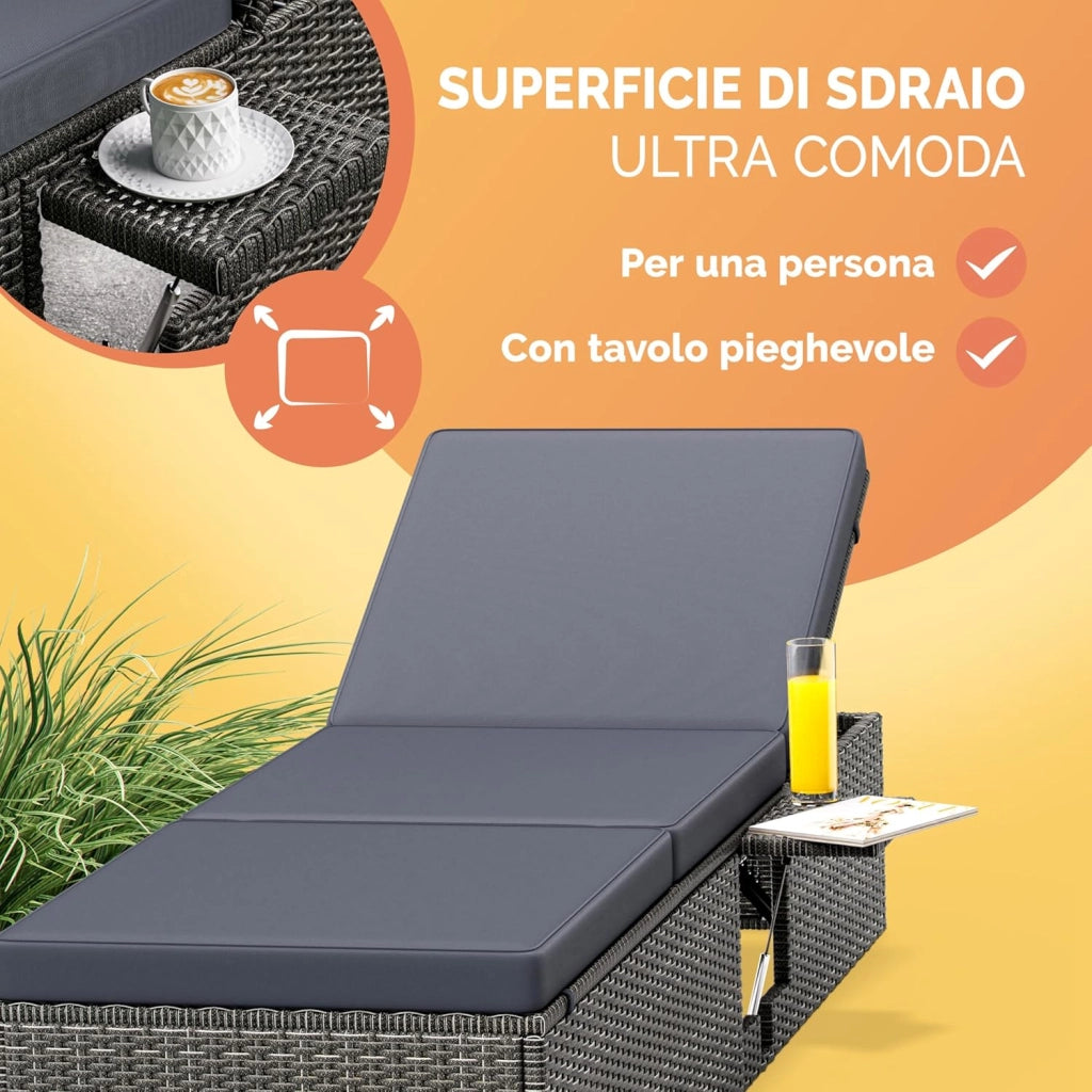 ® Lettino Prendisole 200x58 cm con Tavolino Pieghevole Cuscino da 7cm Sdraio da Giardino in Polyrattan Portata 160 kg Lettini da Esterno