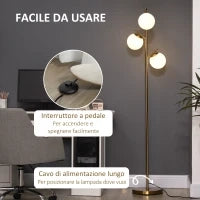 Lampada da Terra Moderna con 3 Punti Luce in Acciaio e Vetro, Ø27x159cm, Oro