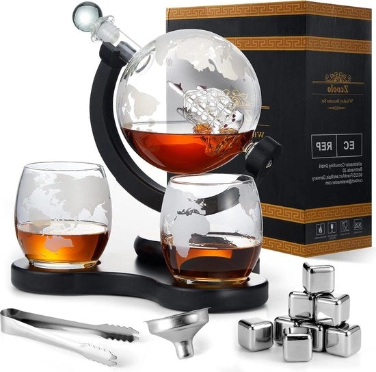 Set di Caraffa Whisky con Disegno - 850ml Caraffa a Goccia in Vetro RVS e 8 Pietre per Whisky - A-850ML