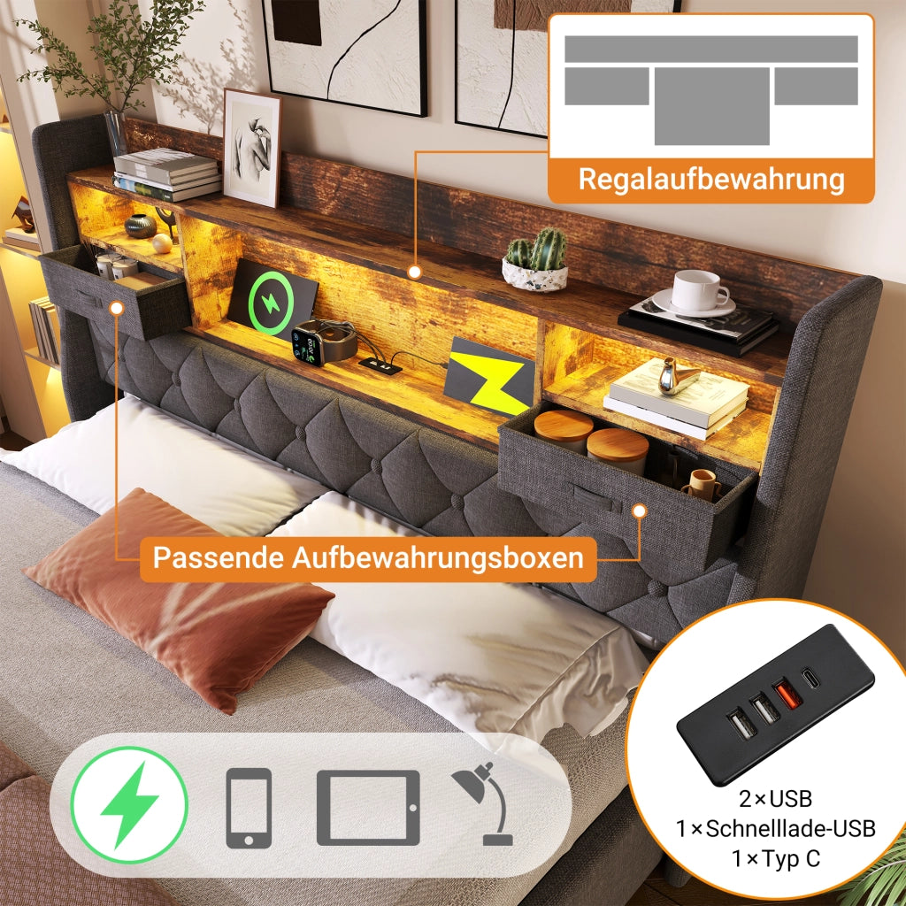 Letto in lino grigio 140x190 vano idraulico testiera LED 4 porte di ricarica doghe
