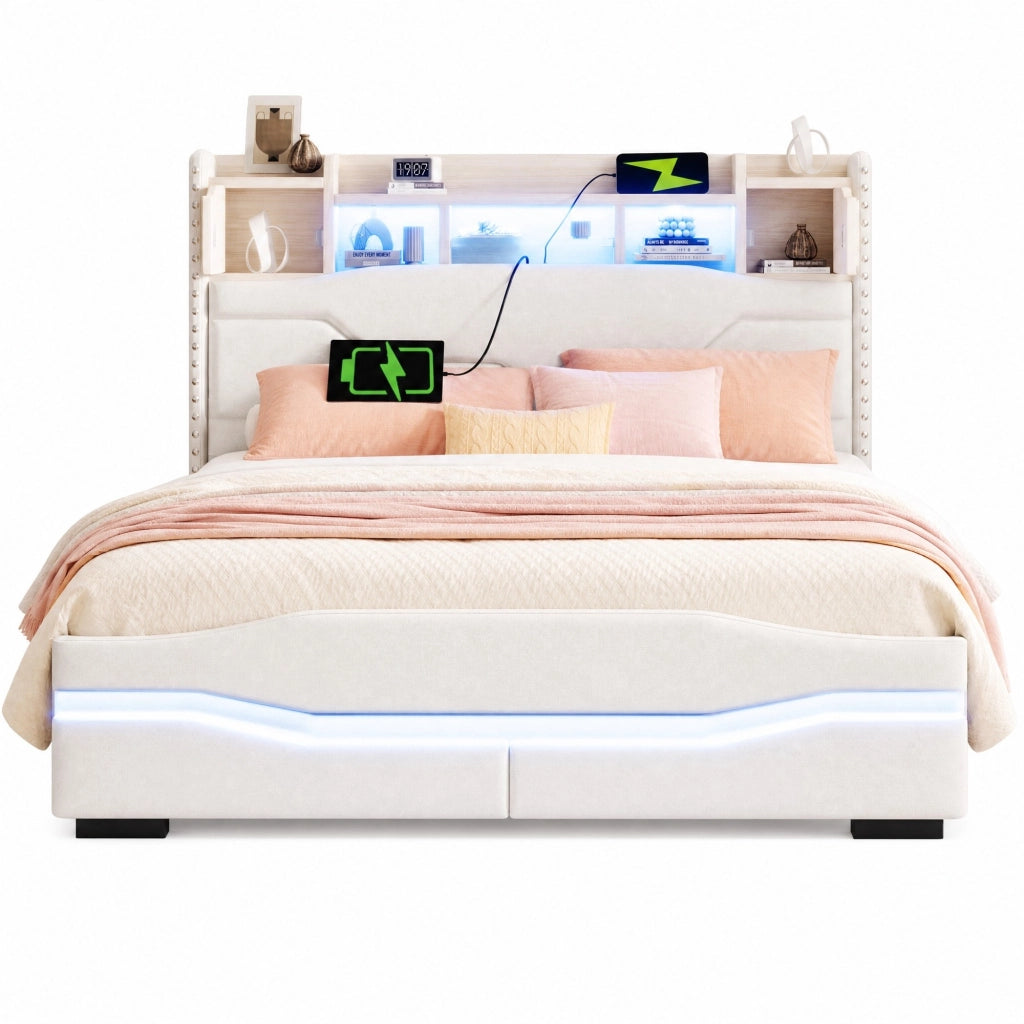 Letto matrimoniale imbottito 140x200 cm in lino beige con LED; presa USB e contenitore idraulico