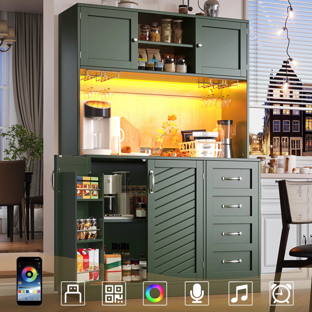 Credenza con LED e 4 ante, 2 cassetti e portabottiglie, mobile contenitore in MDF verde 120 × 40 × 188 cm