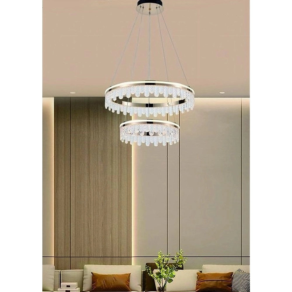 Trade Shop - Lampadario Led A Sospensione Oro 72w 2 Cerchi Con Cristalli 3 Colori Luce Lp-55-3c -