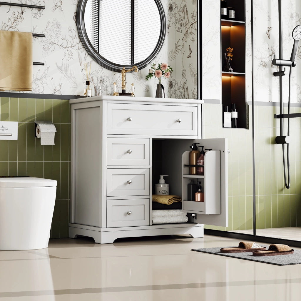 Mobile sottolavabo con lavabo in ceramica, 1 anta e 4 cassetti, finitura laccata, per bagno, bianco, 76 × 46 × 87 cm
