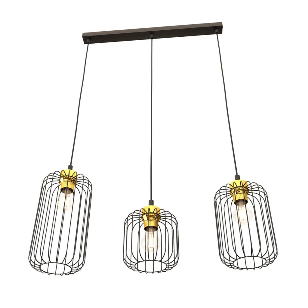 Lampada a sospensione Vander con tre luci in acciaio nero e oro