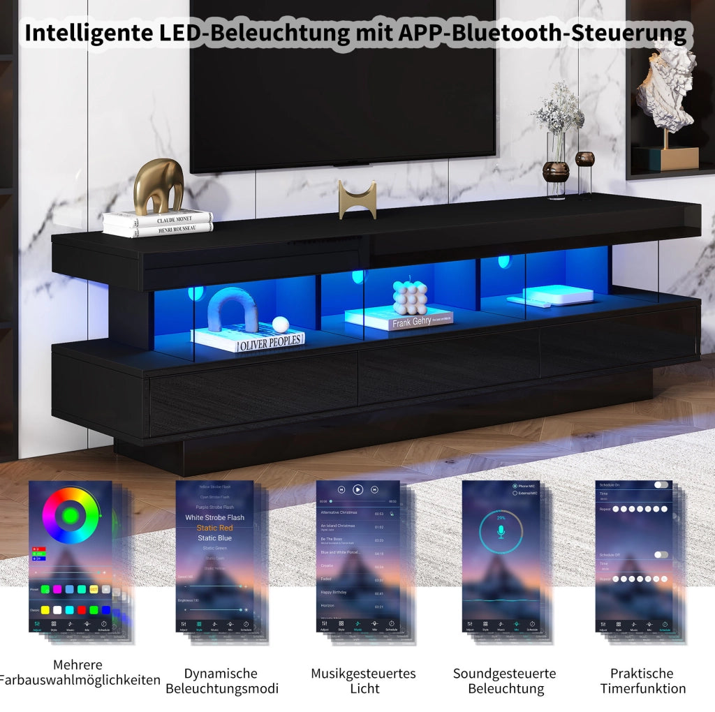 Mobile TV nero lucido 160 cm con LED Bluetooth e 3 vani in vetro