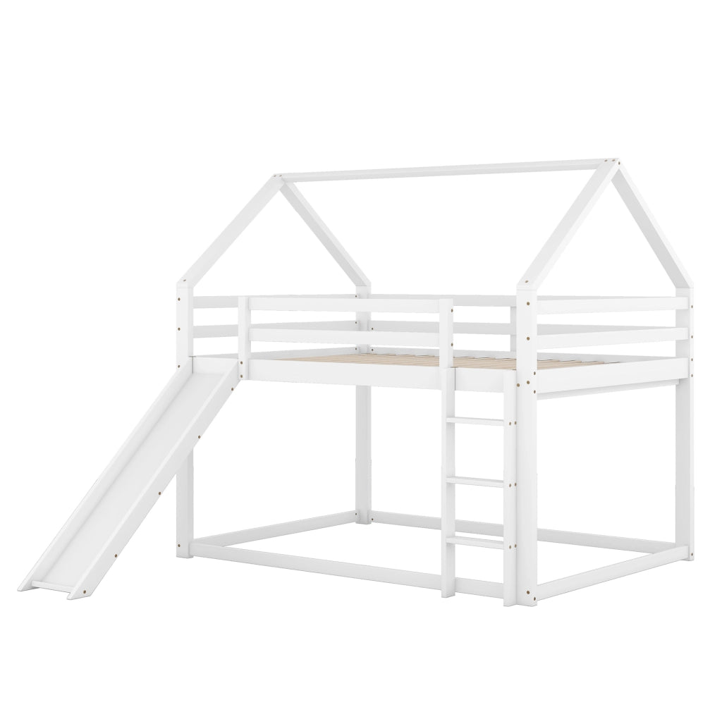 Letto a castello a casetta 140x200 cm con scivolo e scala; pino; bianco