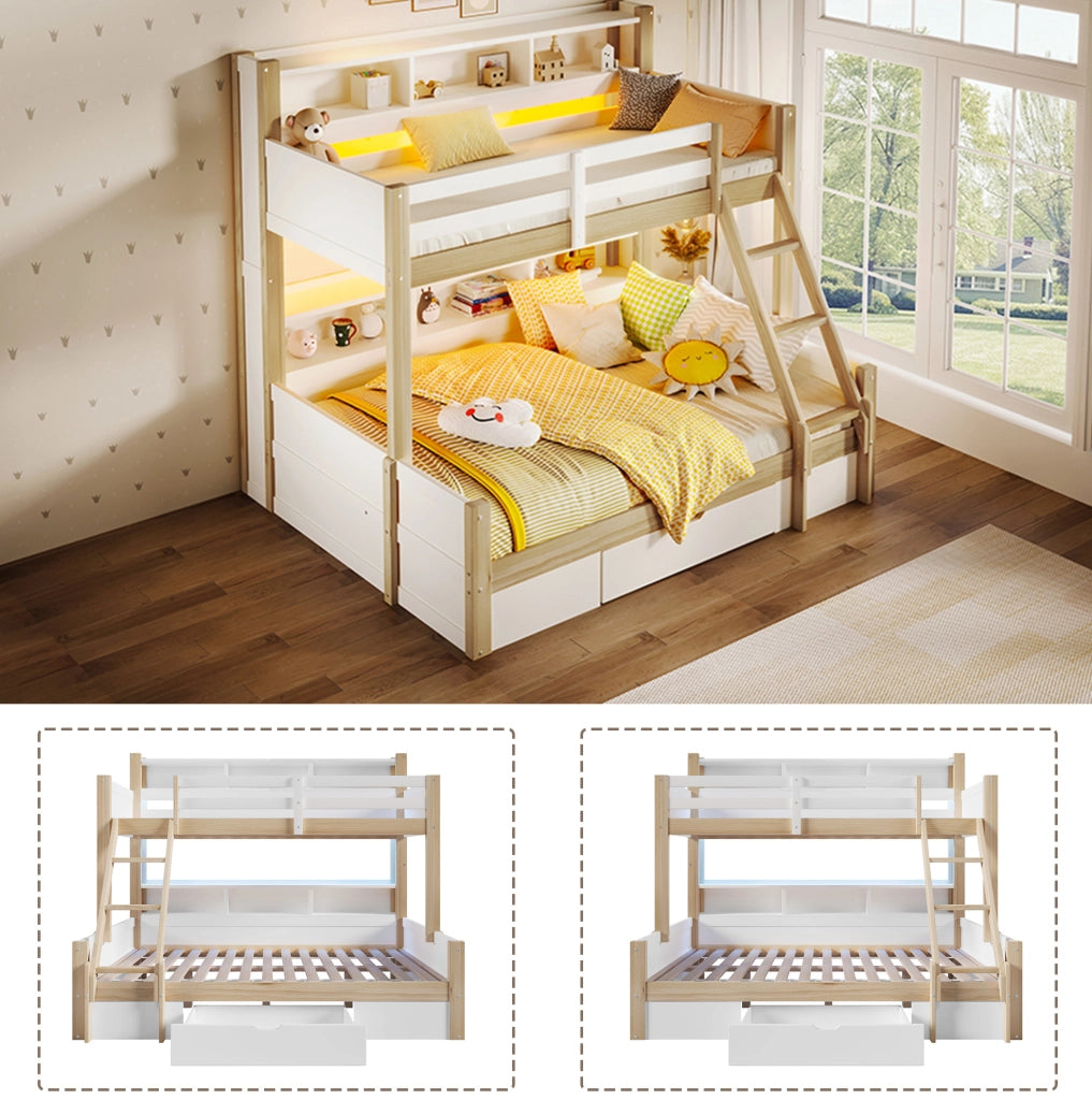 Letto a castello per bambini 90x200 cm + 140x200 cm in pino; bianco e naturale; con LED; cassetto e vani aperti