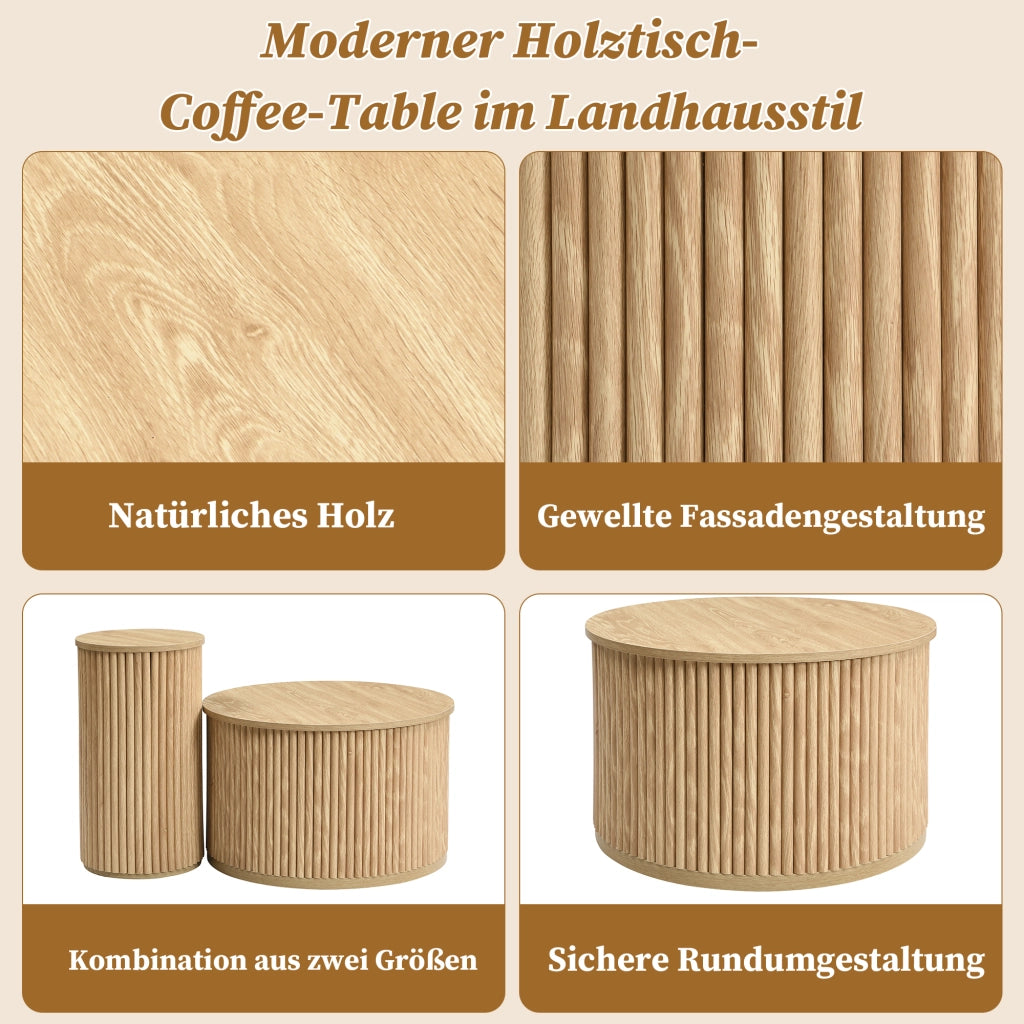 Tavolini da Caffè Rotondi Nidificabili con Motivo a Righe 3D; Stile Moderno; in MDF; Naturale; 60×60×38;5 cm