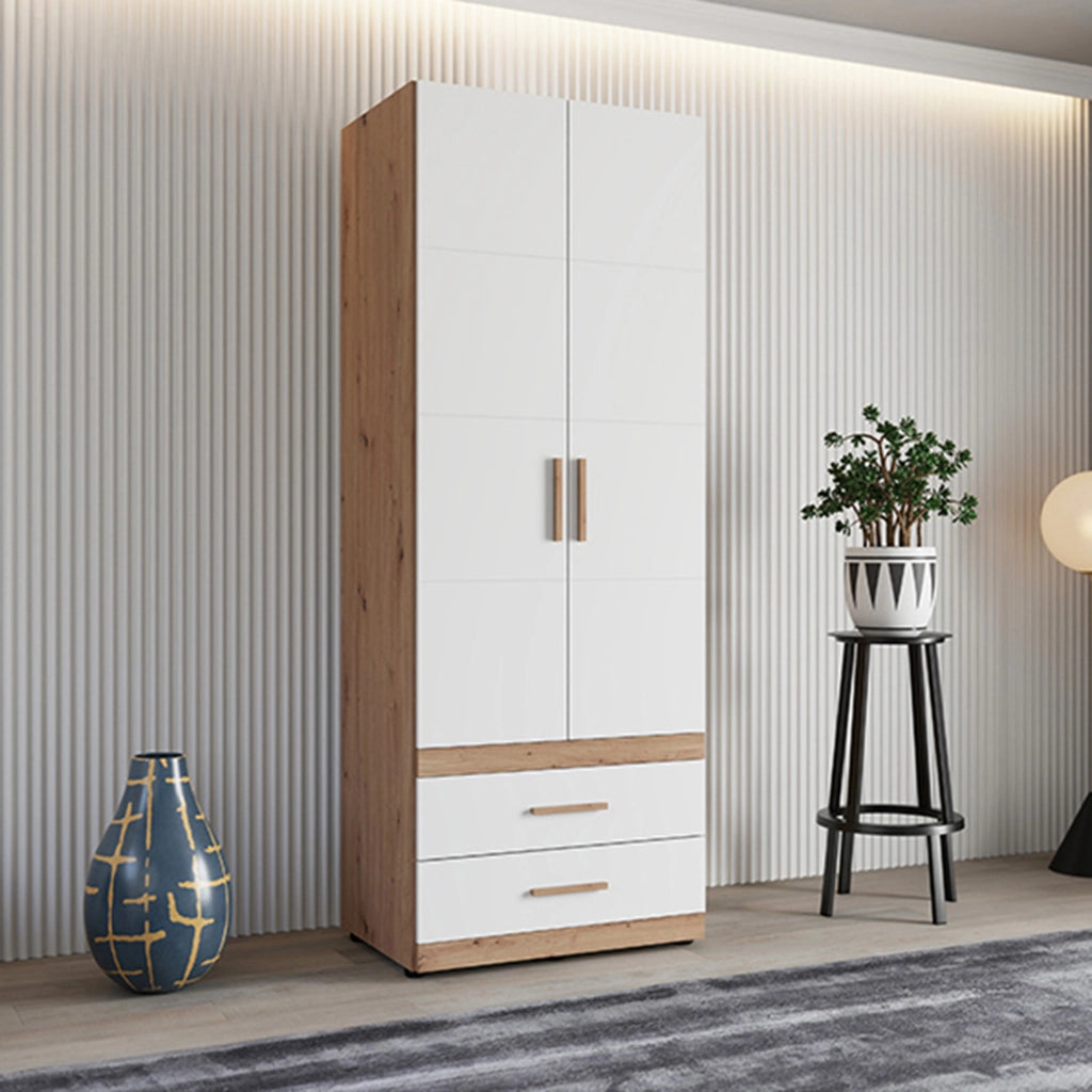 Armadio Camera da Letto Tilcara, Guardaroba 2 Ante Appendiabiti, 79x208h cm Bianco Opaco