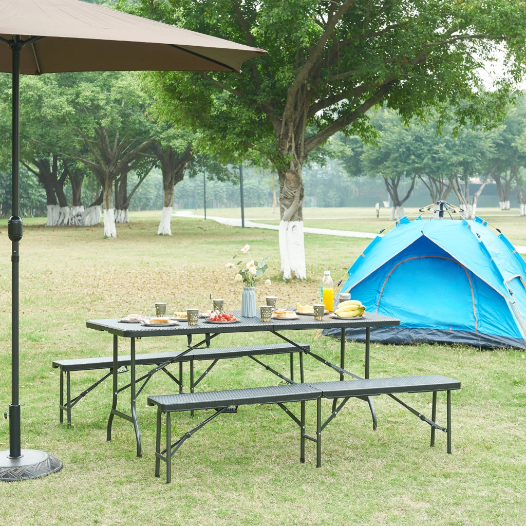 Tavolo da Picnic Mark Pieghevole 180 x 75 x 72 cm Nero Effetto Rattan [en.casa]