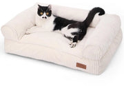 Letto per Gatti in Pelle di Corduroy, Con Cuscino Removibile e Antiscivolo, Ideale per Piccoli Cani, 72 x 52 x 22 cm, Medio, Crema