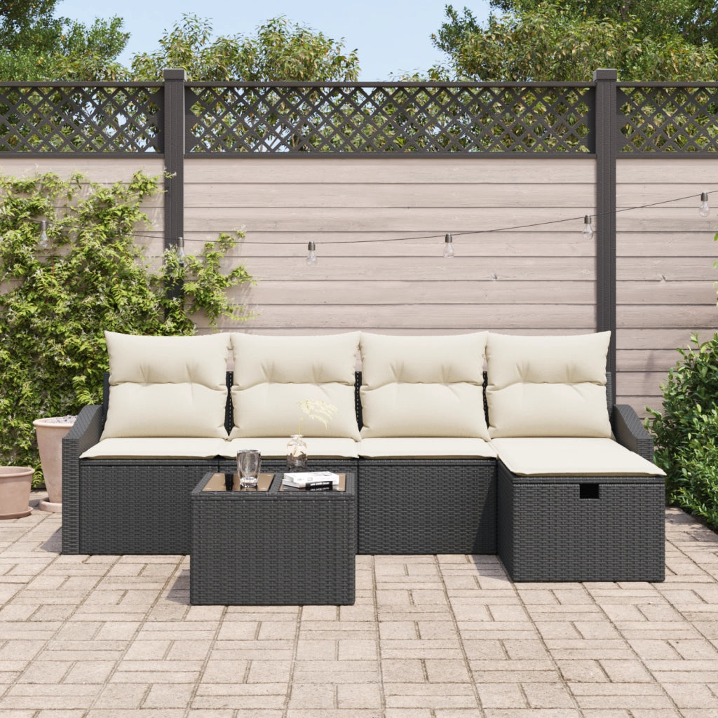 Set Divano da Giardino 6 Pezzi con Cuscini Nero Polyrattan
