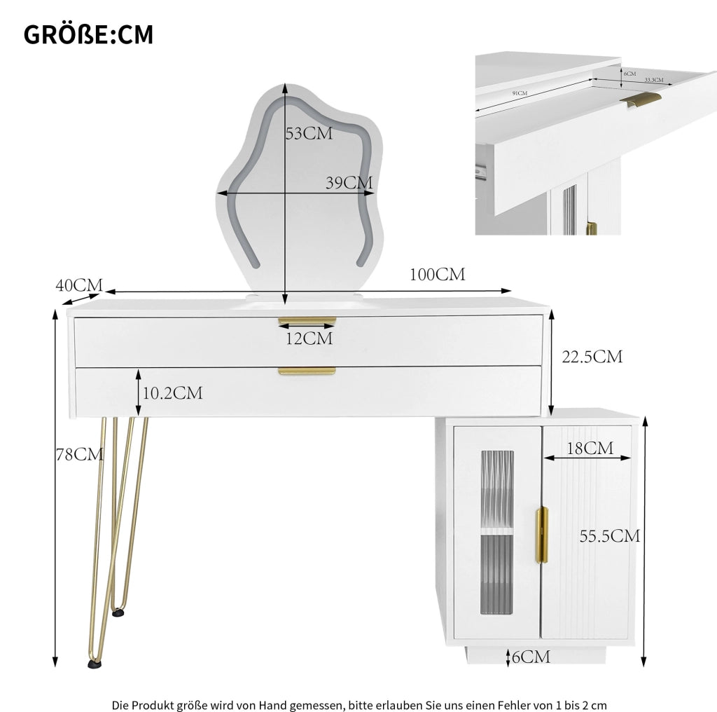 Toeletta LED bianca 100x40x78 cm con cassetti e mobile laterale scorrevole