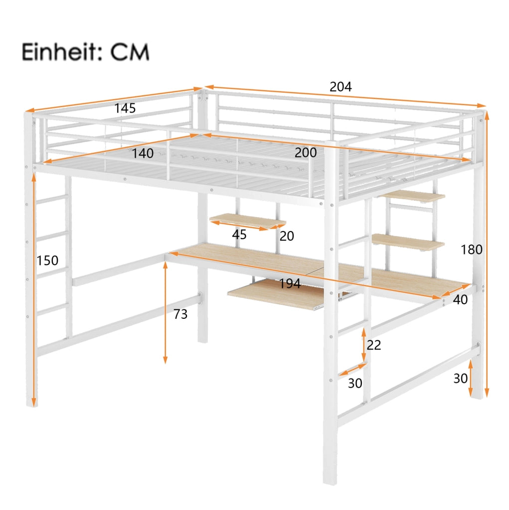 Letto a soppalco 140x200 cm con scrivania e scaffali in metallo e MDF bianco