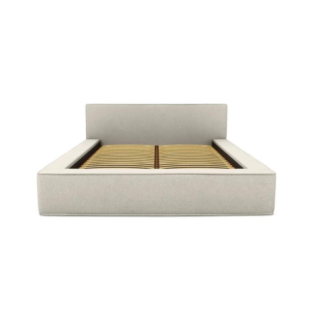 Letto contenitore VELORA – Sabbia ricciolata – 180x200 cm – Tessuto effetto lana – Rete sollevabile – Contenitore integrato