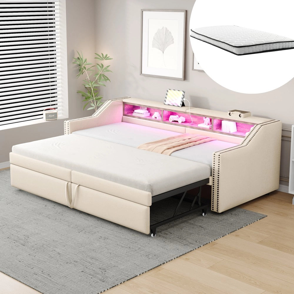 Letto Contenitore Imbottito Estraibile con LED e Rete a Doghe ¨C MINIMAL ¨C Beige 90x200/180x200