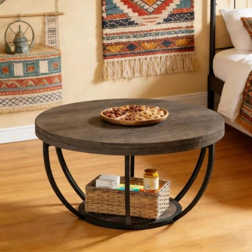 Tavolino da caffè con 2 ripiani - per soggiorno - in metallo e legno - grigio - 89×86.5×10.5 cm