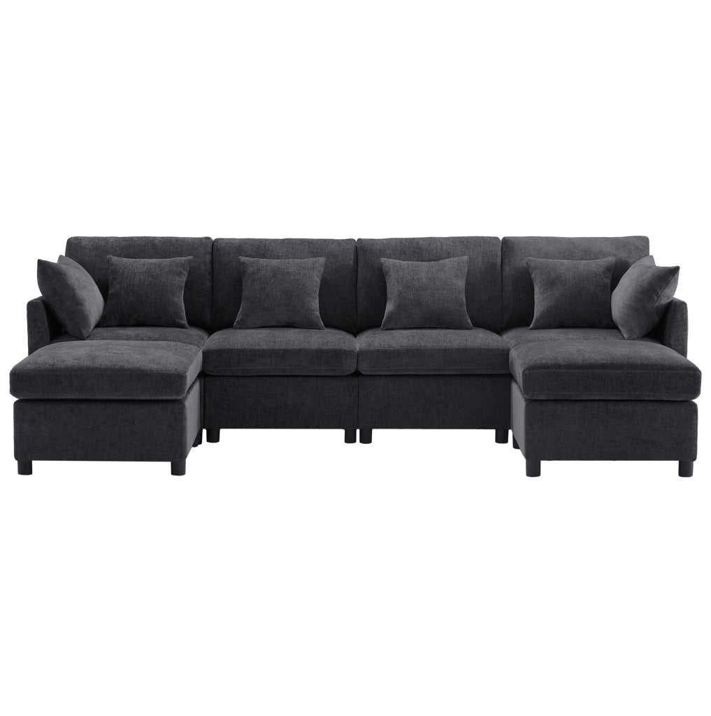 Divano modulare 4-6 posti in chenille grigio con 2 pouf
