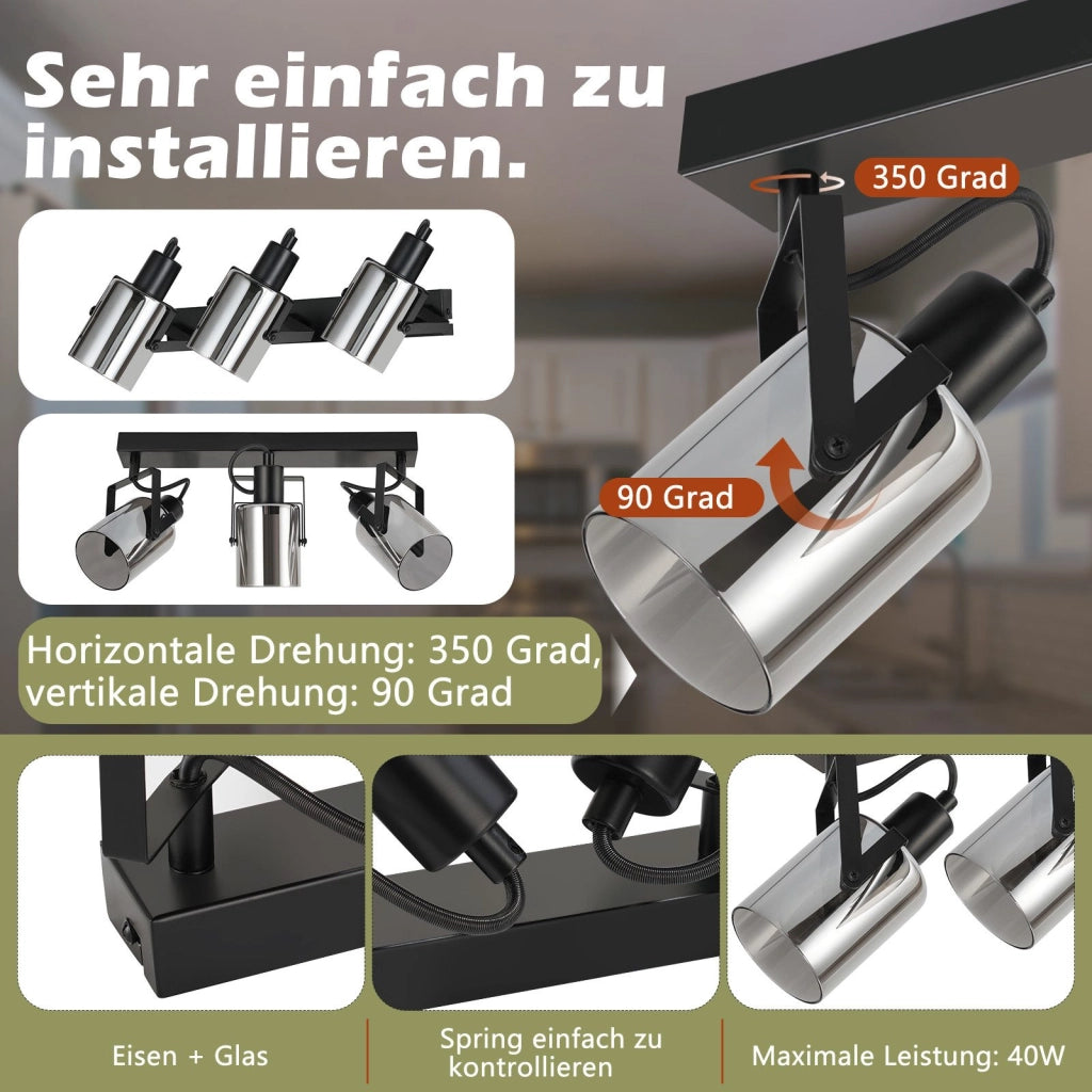 ZMH Faretto da soffitto 3 fiamme vetro grigio fumé E14 per camera letto