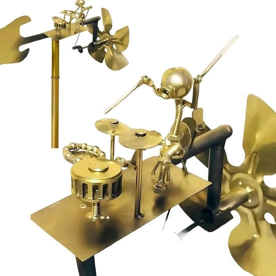 Scultura musicale per giardino e terrazzo in metallo, statua di mulino a vento con percussionista e gong del vento.