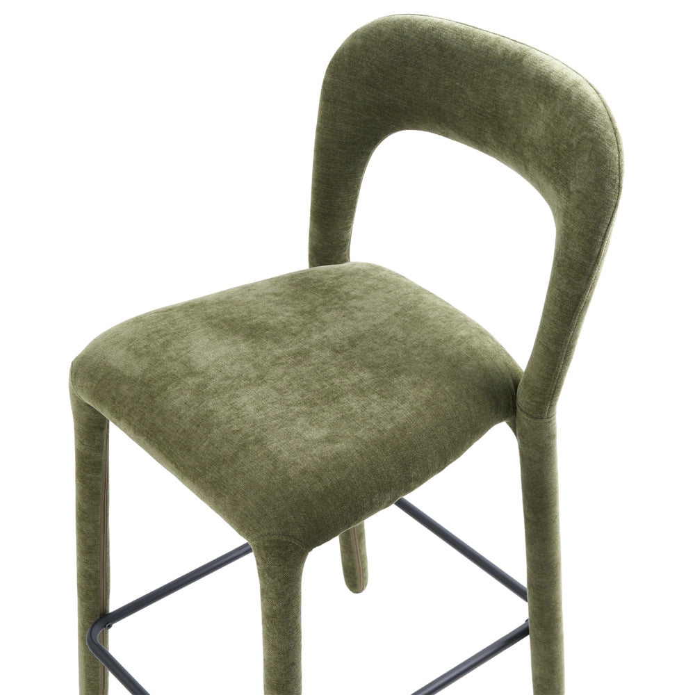 Set di 2 sgabelli da bar in ciniglia, colore verde, completamente imbottiti con schienale curvo, per sala da pranzo