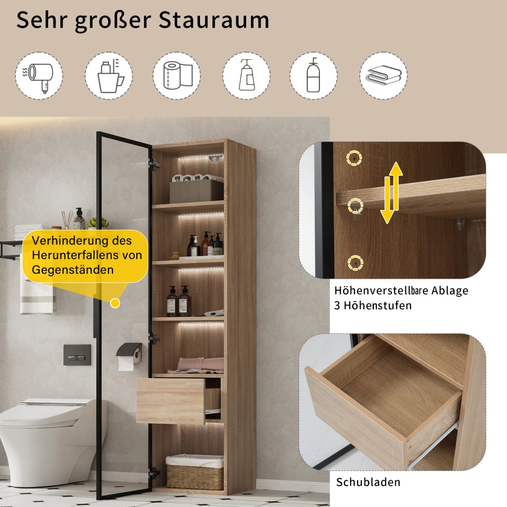 ARMADIO DA BAGNO con 1 cassetto e 1 anta in vetro temperato, MDF naturale