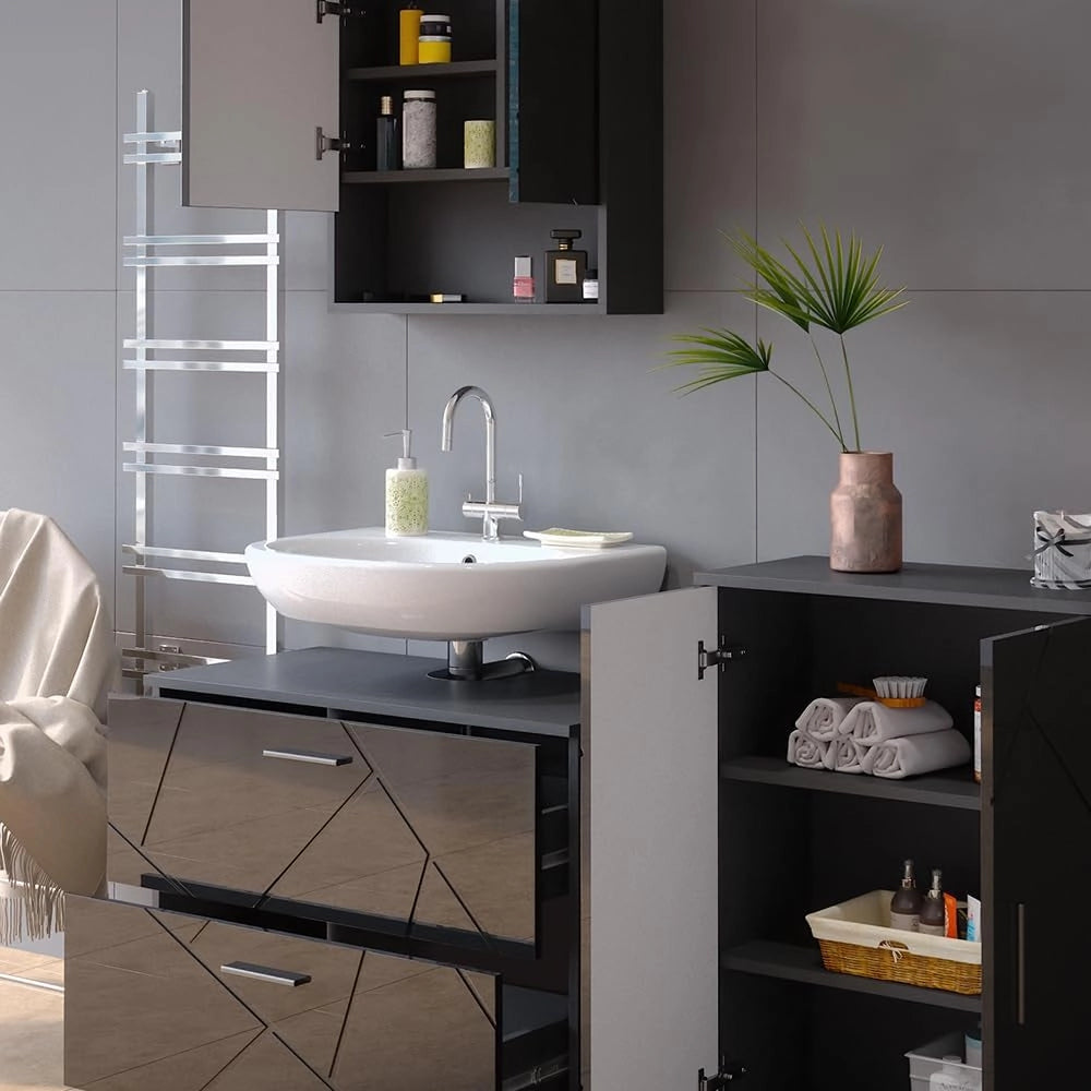 Set mobili bagno Irma, Antracite lucido, 80 cm, composto da mobile sottolavabo, specchiera e mobile medio