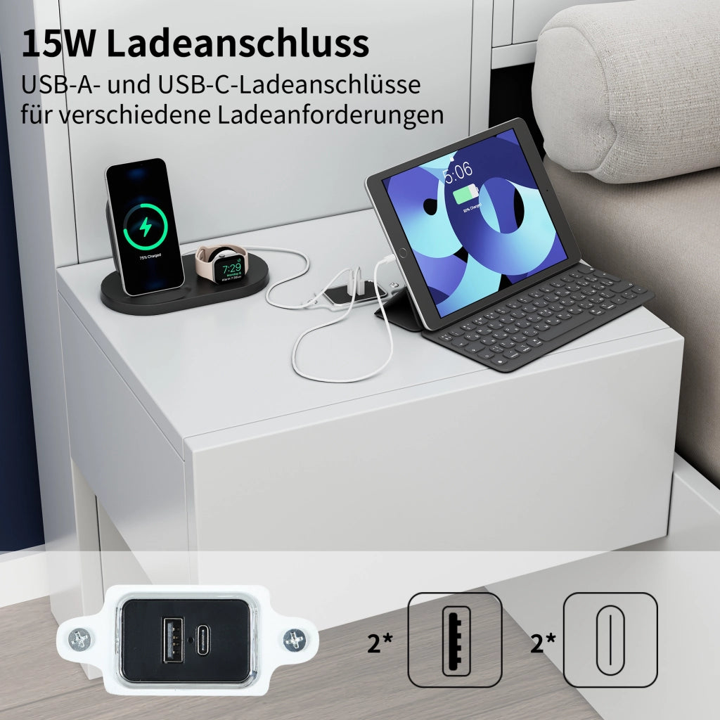 OKWISH Letto Contenitore 160×200 cm, Letto Matrimoniale con USB A, USB C, Orologio Elettronico, Altoparlante Bluetooth e LED Regolabile, senza Materasso, Bianco