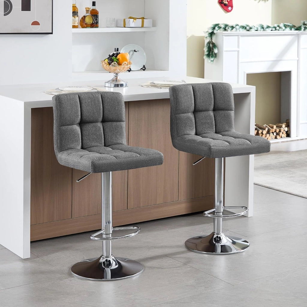 Sgabelli da Bar Tessuto di Lino Sedia Cucina Alta con Schienale Senza Braccioli Girevole, Grigio Scuro, BH32dgr-4