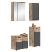 Set da bagno: mobile sotto lavabo + 2 mezze colonne + mobiletto contenitore con specchi – Grigio antracite e rovere