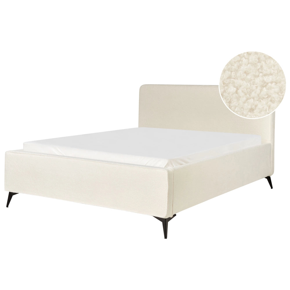 Letto matrimoniale imbottito in bouclé Bianco Sporco gambe in metallo nero 160x200 cm testiera stile classico minimalista