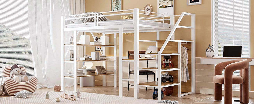 DESMIU Letto a Soppalco Letto Matrimoniale con scrivania, armadio, scaffali e scala contenitore 140 × 200 cm, senza materasso