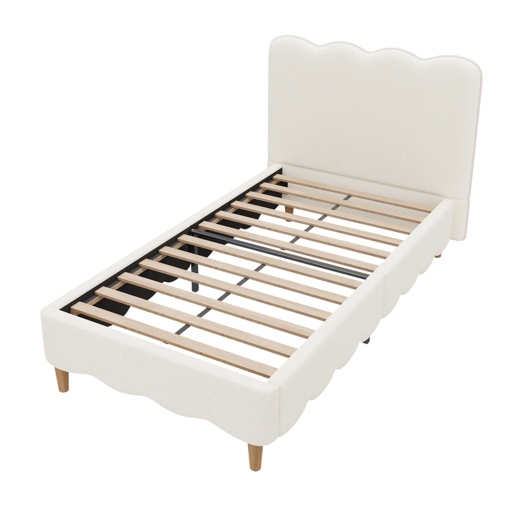 Letto singolo 90x200 cm in bouclé bianco con rete a doghe, testiera imbottita e gambe in legno massello