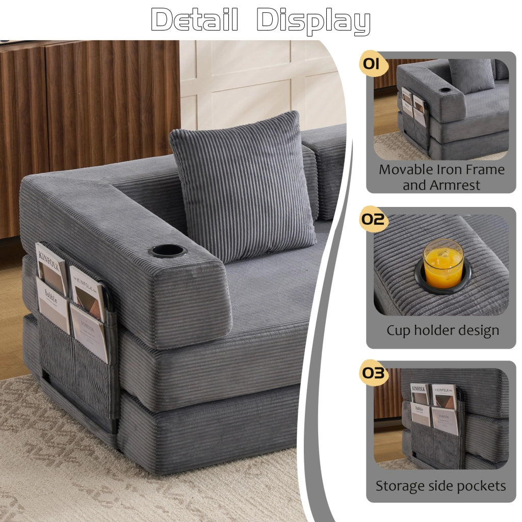 Divano letto pieghevole con funzione letto, tasche laterali e portabicchieri in velluto a coste grigio scuro per salotto