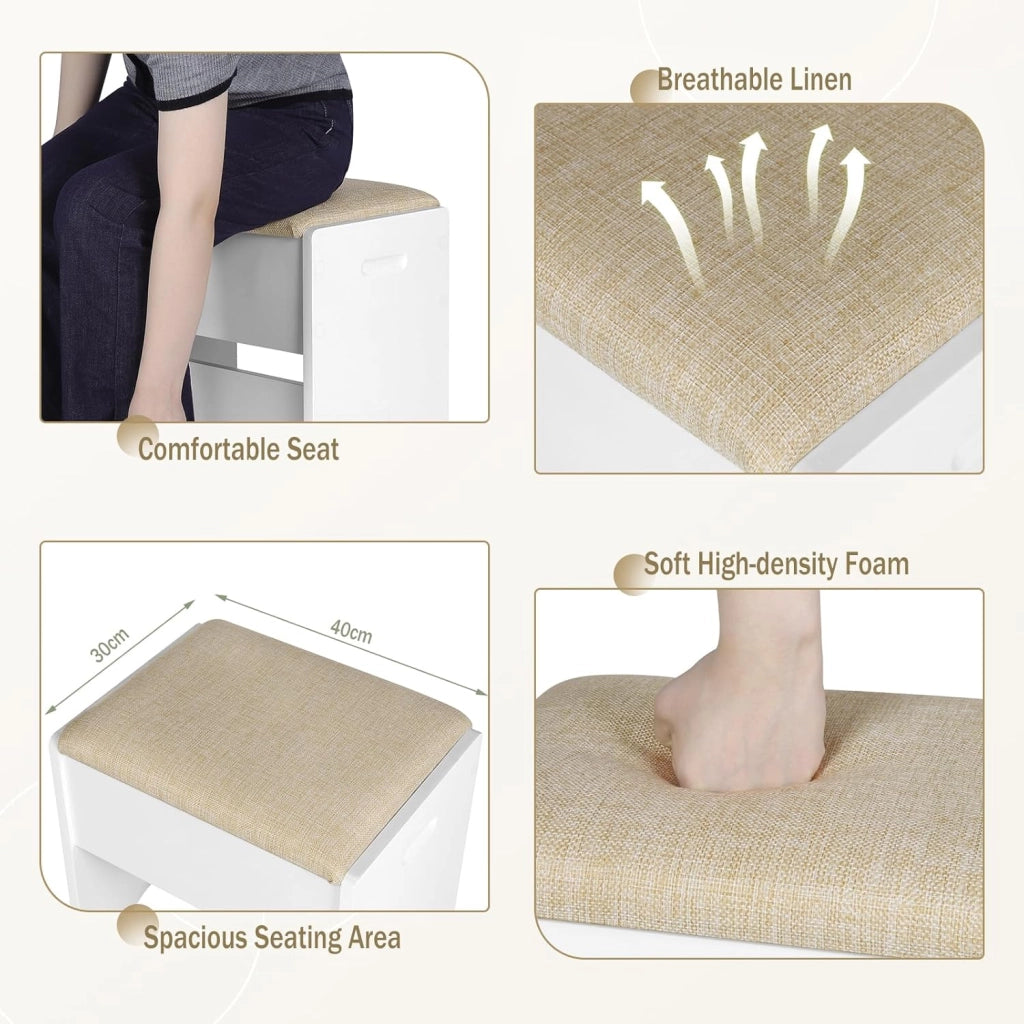 WOLTU Sgabello Per Toeletta da Trucco, Sedia da Make Up con Seduta Imbottita, 40x30x45cm, Sgabello per Camera da Letto, in Legno MDF e Lino, Bianco e Beige, MB6098be