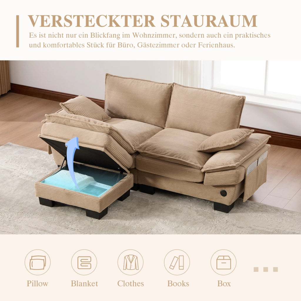 Divano a 2 posti in corduroy con pouf, ampia seduta ergonomica, USB-C e tasche laterali, per soggiorno, khaki