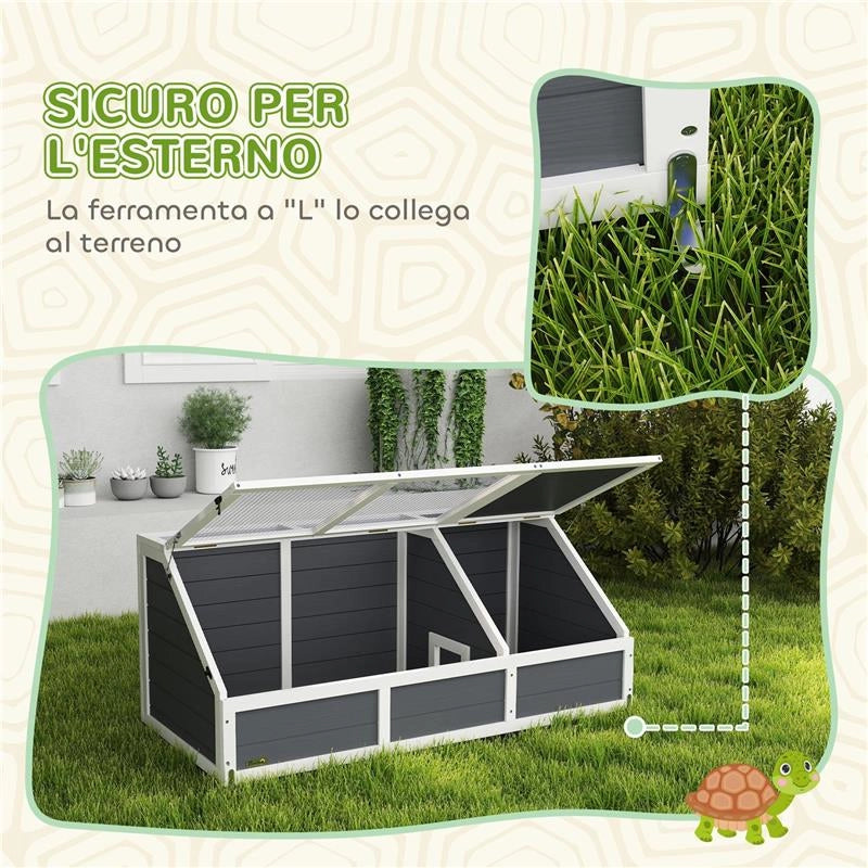 CASETTA PER TARTARUGHE DI TERRA SENZA FONDO IN LEGNO DI ABETE E ACCIAIO ZINCATO 120X55X50A CM GRIGIO E BIANCO