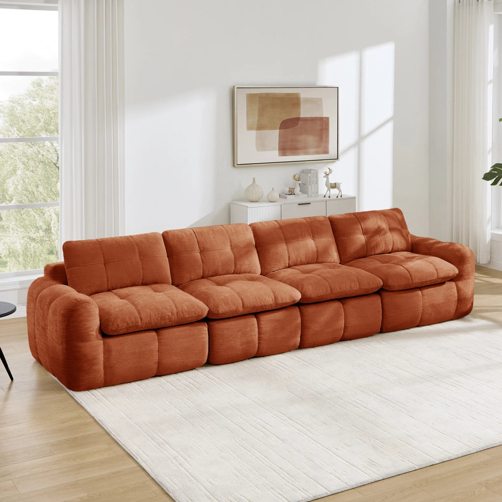 Divano modulare 4 posti in chenille con seduta ampia e profonda senza montaggio arancione 334 × 97 × 68 cm